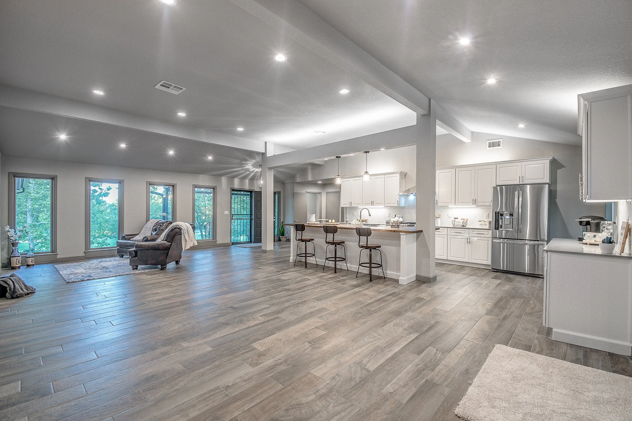 Open-plan full-home renovation with a connected kitchen and living room